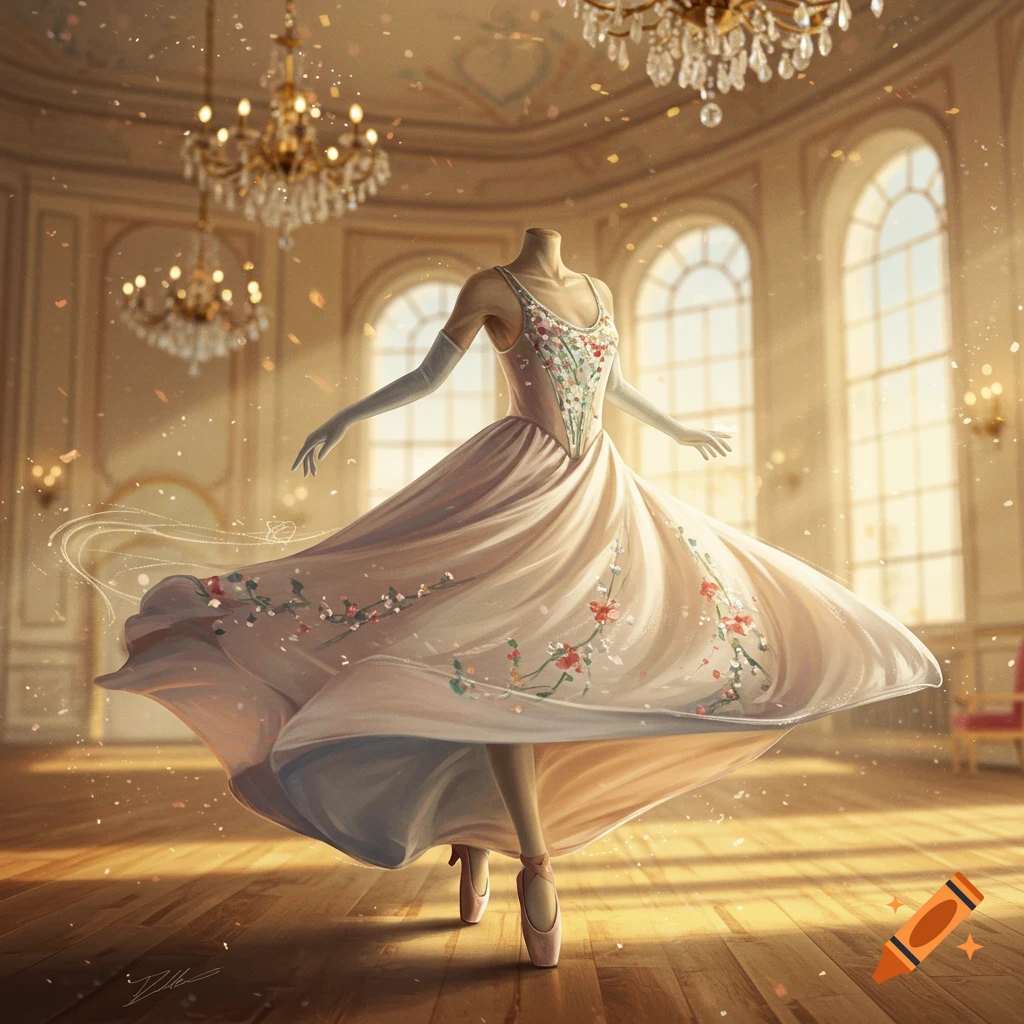 An elegant, embroidered ballet dress dances headless in a sunlit grand ballroom, with chandeliers and swirling confetti.
