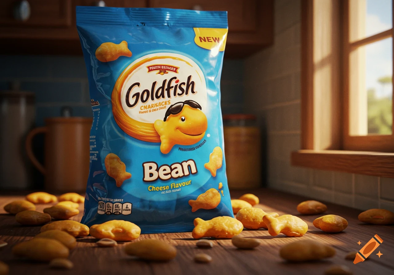 A blue bag of Goldfish Bean Cheese Flavour snacks stands on a wooden counter, surrounded by spilled goldfish crackers.