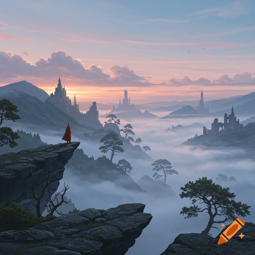 A cloaked figure stands on a cliff overlooking a misty valley with mountains and ancient castles at sunrise.