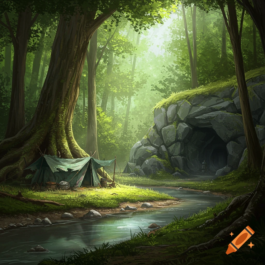A fantasy illustration of a secluded forest camp with a tent by a creek, leading to a dark cave entrance amidst lush green trees and misty sunlight.