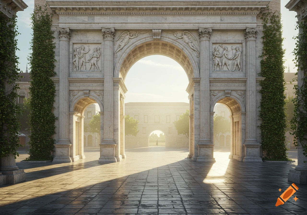 A grand, ornate classical stone archway with intricate carvings and columns, leading into a sunlit courtyard with trees.