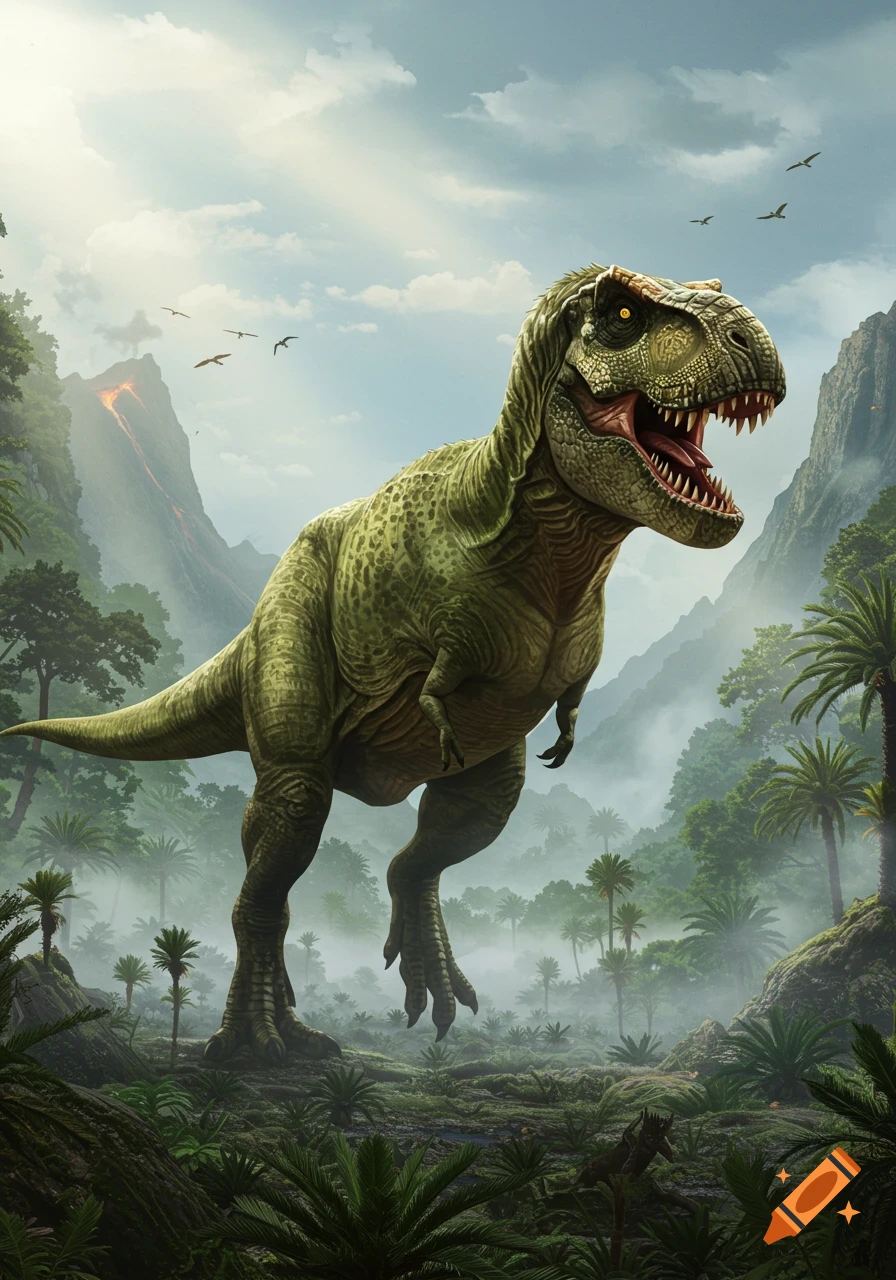 Photorealistic illustration of a green Tyrannosaurus Rex in a misty prehistoric jungle with mountains and a volcano.