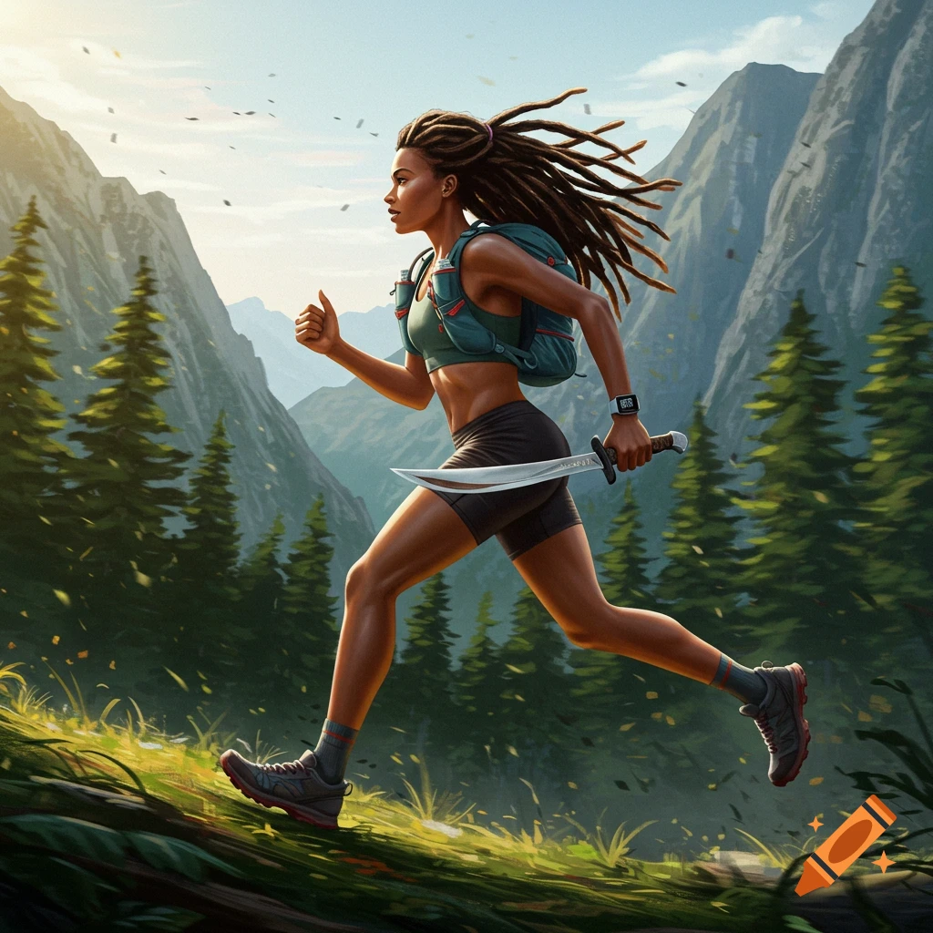 An athletic woman with dreadlocks, wearing a sports bra and shorts, runs uphill in a mountain forest, holding a cutlass.