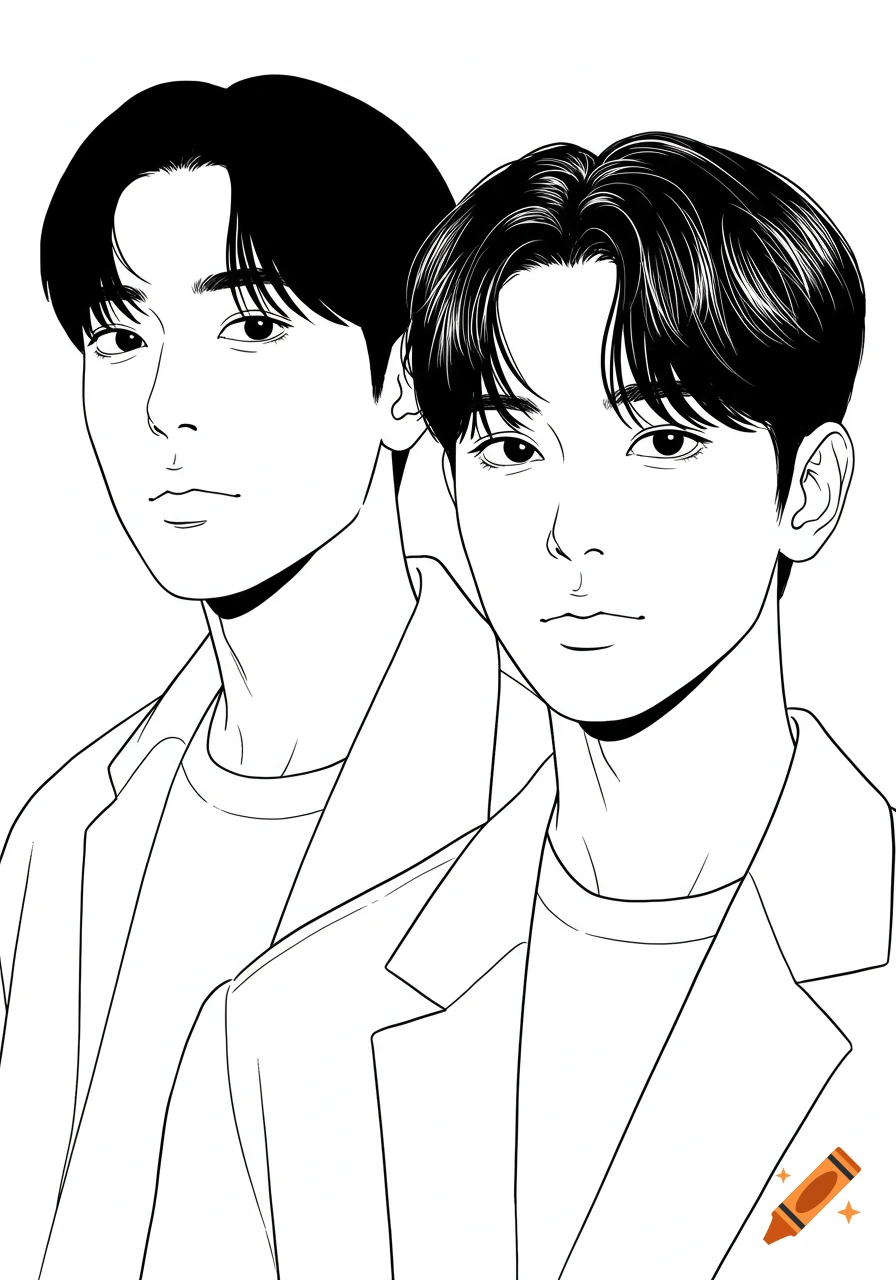 Black and white line art of two men. One faces forward, the other is slightly behind, looking at him intently.