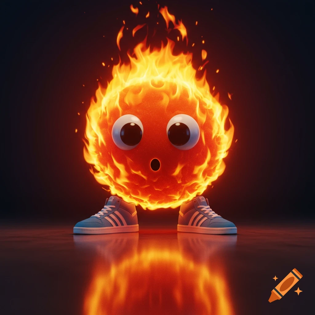 A cute, anthropomorphic fireball with googly eyes and blue sneakers, against a dark background, reflecting on a glossy surface.