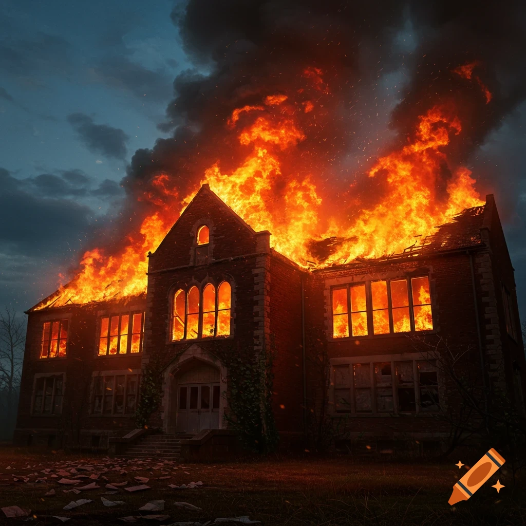 A large, dark brick building, likely a school, is engulfed in massive orange and yellow flames and thick black smoke under a dark, cloudy sky.