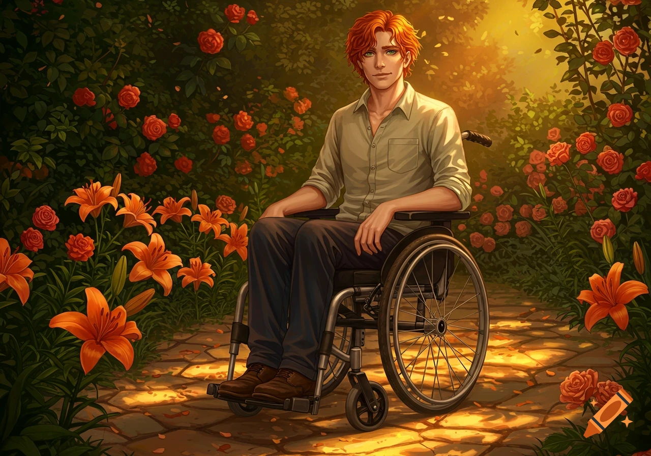 An illustration of a red-haired man in a wheelchair on a sunlit garden path, surrounded by red roses and orange lilies.