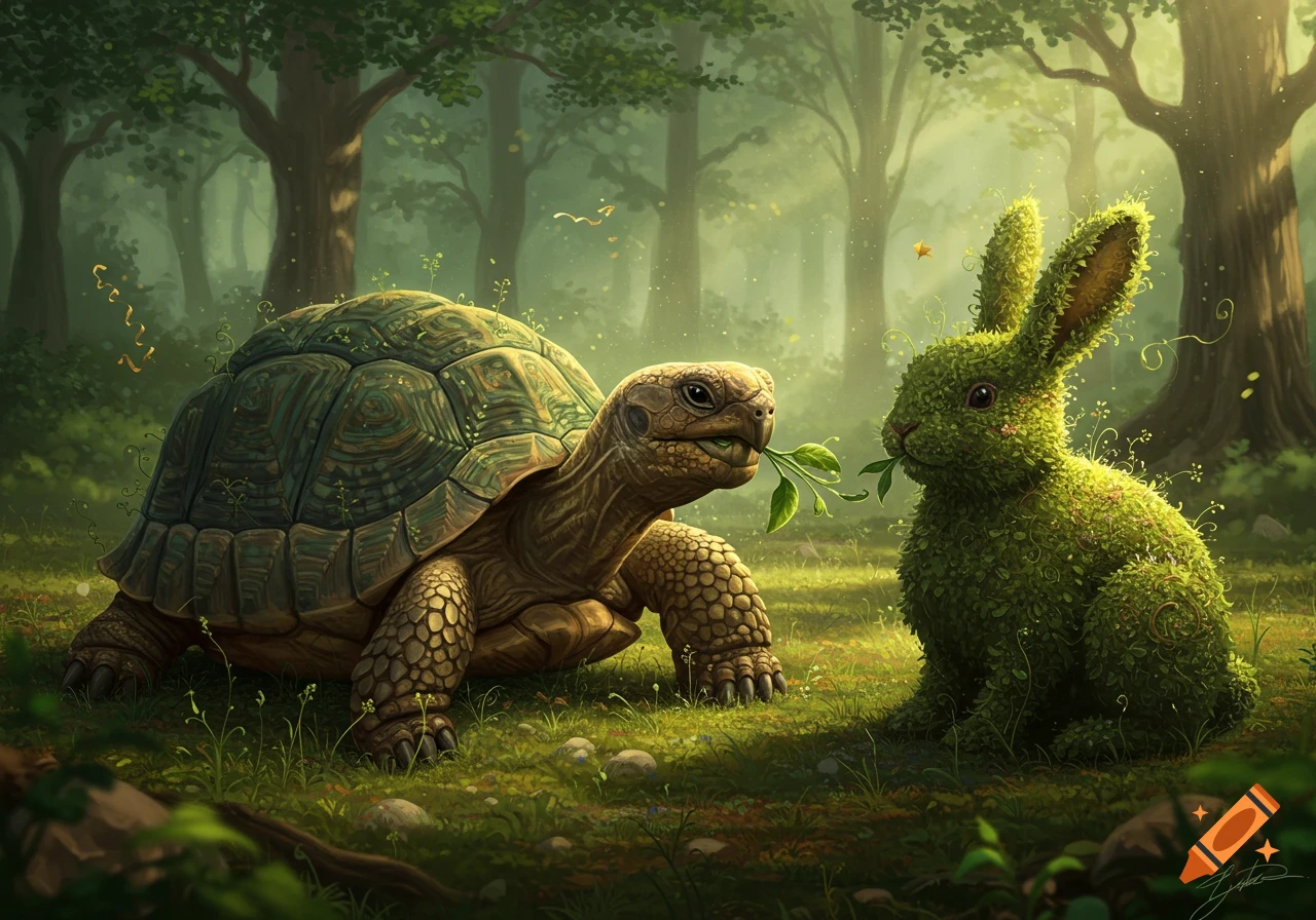 A whimsical tortoise holds a leaf while looking at a moss-covered rabbit in an enchanted forest.