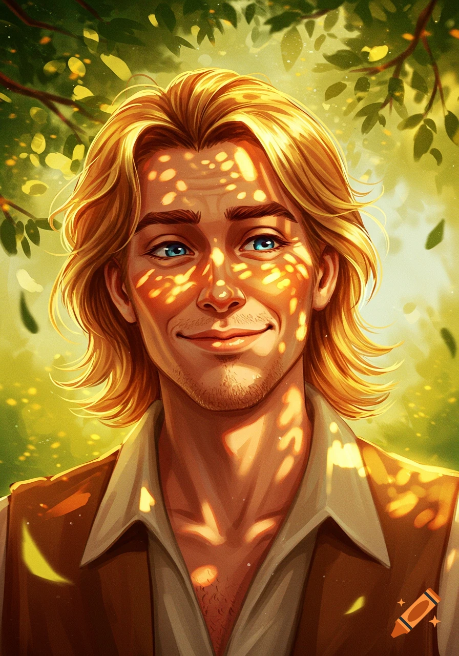 Illustrative portrait of a smiling man with long blond hair, dappled in sunlight, surrounded by green foliage.