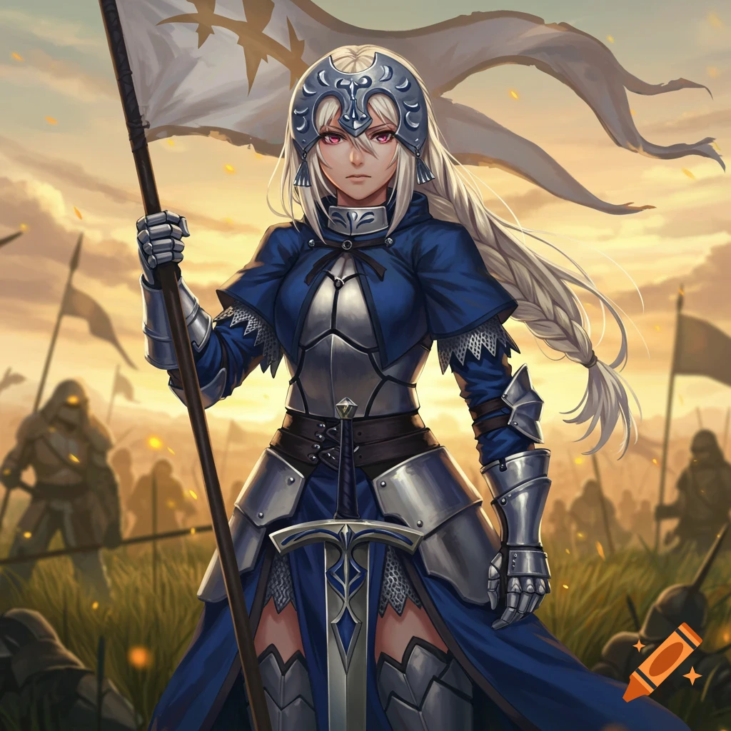 Anime-style female warrior in silver armor and blue cloak holds a flag and sword on a battlefield at sunset.
