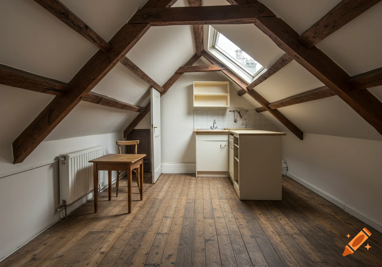 An empty attic studio apartment with exposed wooden beams, a skylight, a small kitchenette, and a wooden table.