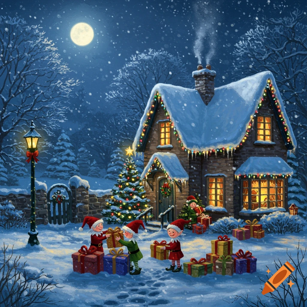 A festive illustration of elves exchanging gifts outside a snow-covered Christmas cottage under a full moon at night.