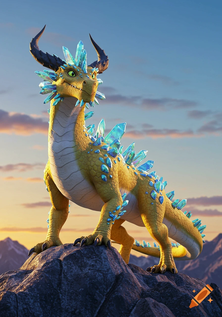 A vibrant yellow dragon with blue crystal spikes and horns stands on a rocky mountain peak, sunrise lighting the sky, in a modern animation style.