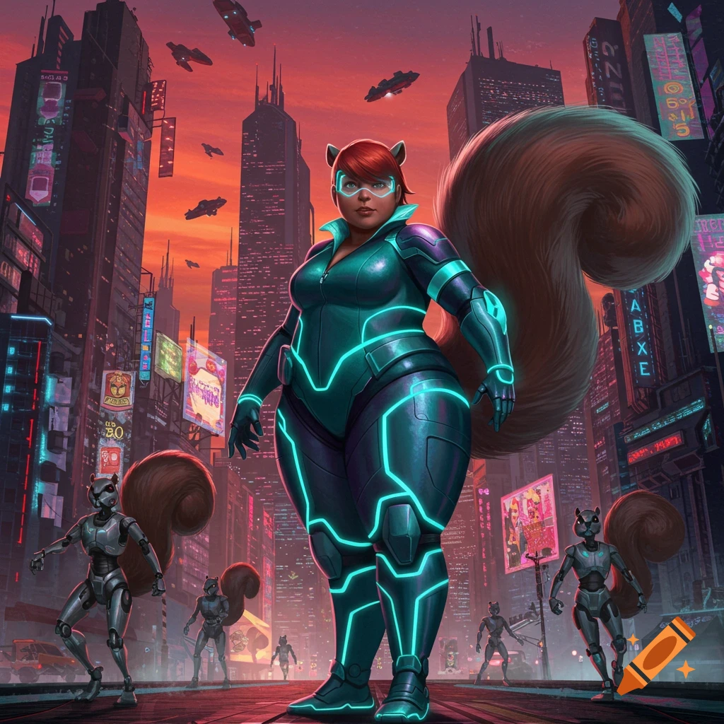 A plus-size superhero with squirrel ears and a bushy tail in glowing teal and purple armor stands in a vibrant cyberpunk city with robotic squirrels.