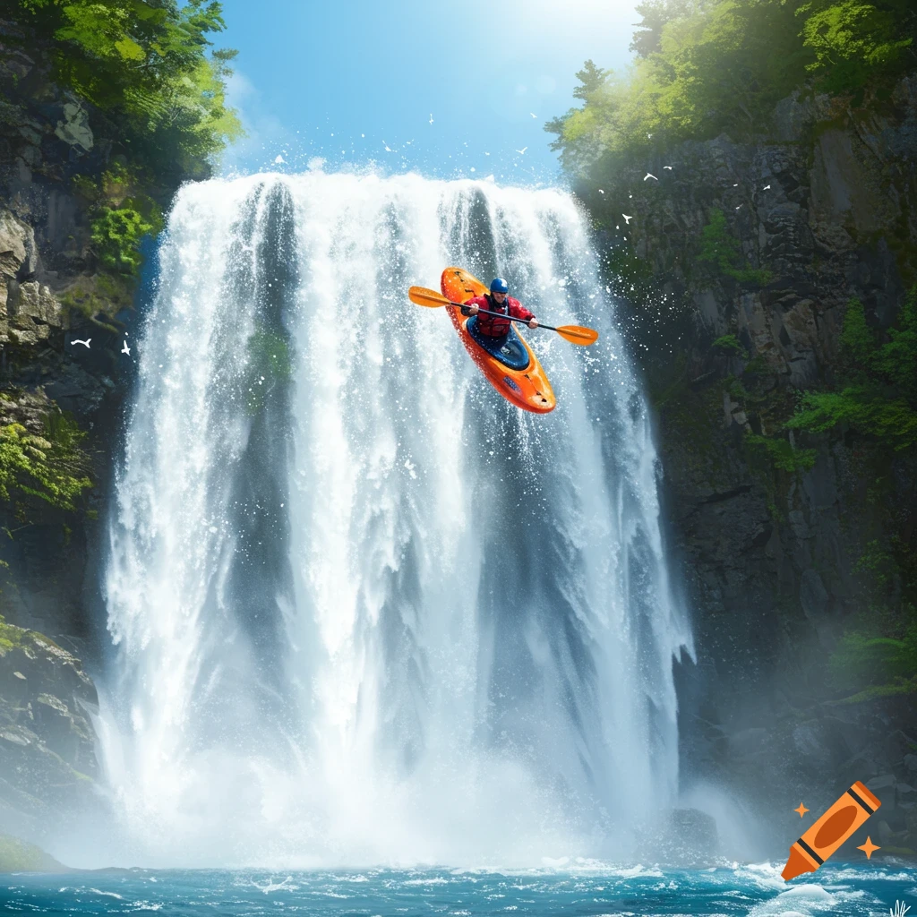 A person in an orange kayak plunges down a massive waterfall, flanked by rocky cliffs and green trees under a bright blue sky.