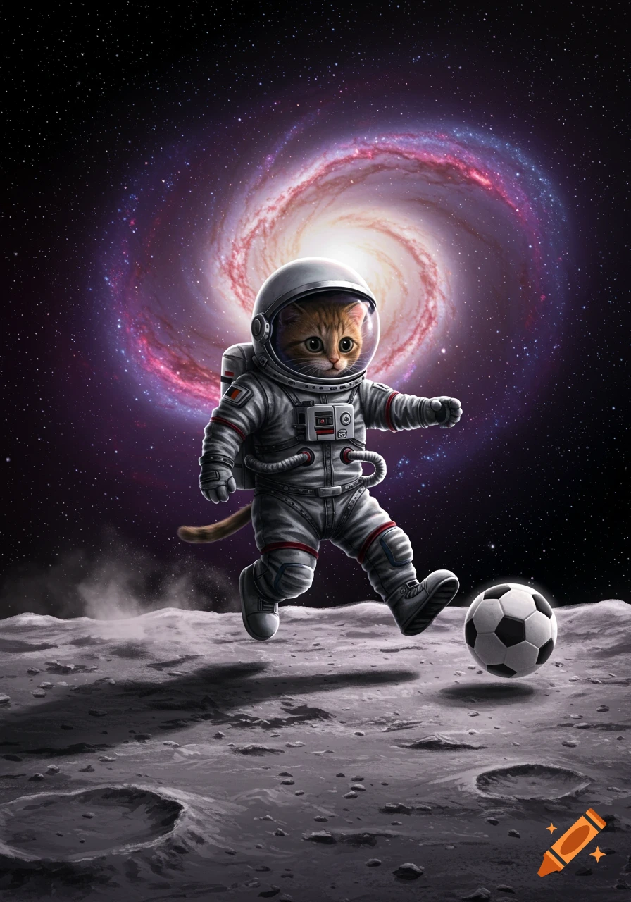 A cute cartoon astronaut cat dribbling a soccer ball on the moon with a vibrant galaxy in the background.