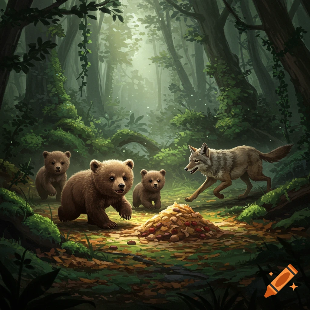 Three cute bear cubs protect a food pile from a coyote in a dense, dim fantasy forest illustration.