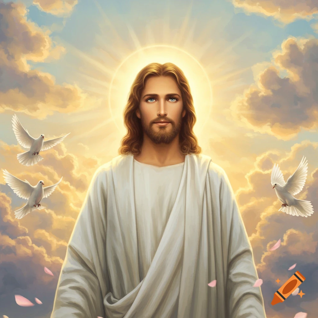 Jesus Christ with a halo and white robes, surrounded by sunlight, clouds, and flying doves.