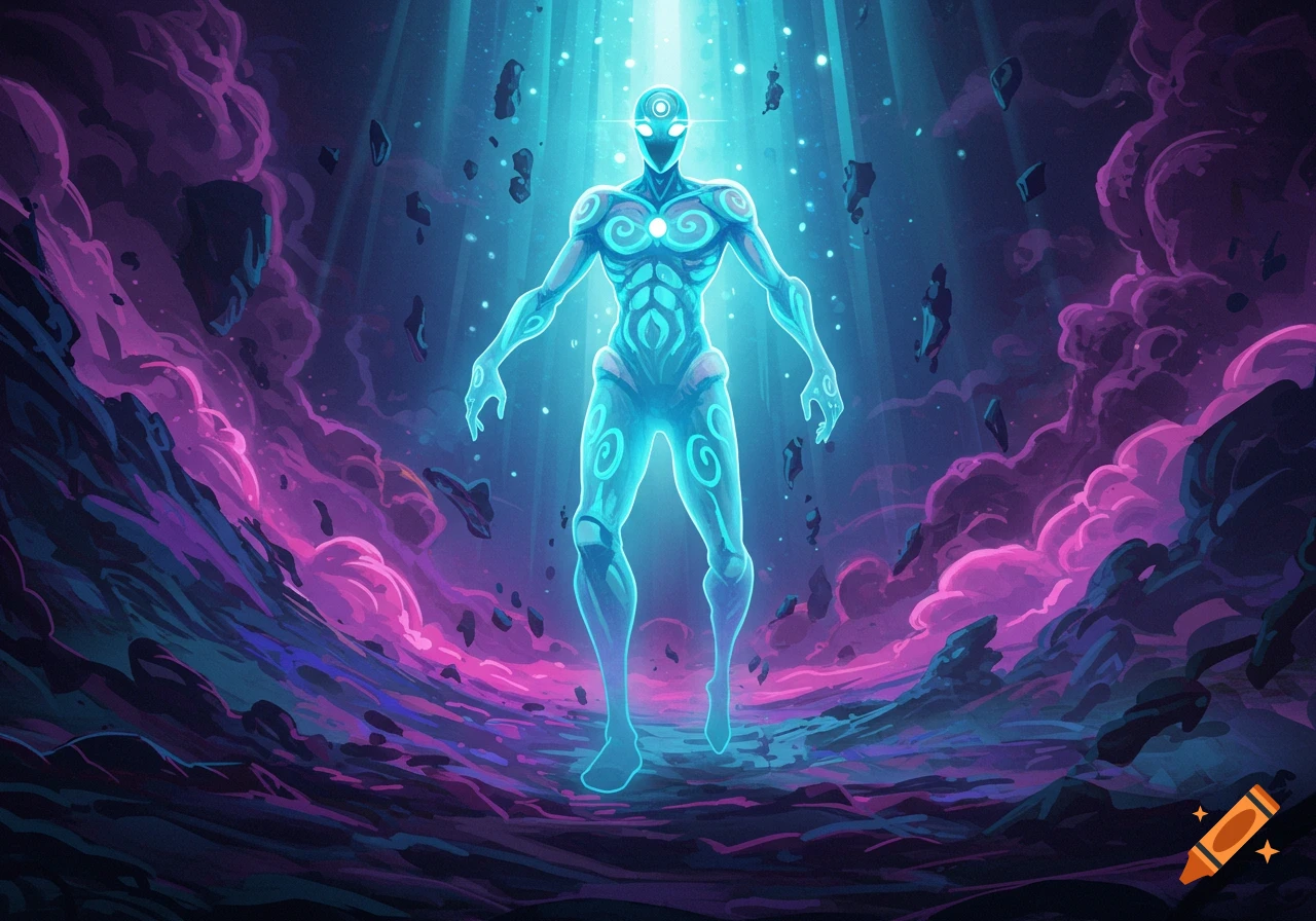 A glowing, ethereal humanoid figure hovers in a cosmic landscape with vibrant purple clouds and floating rocks.