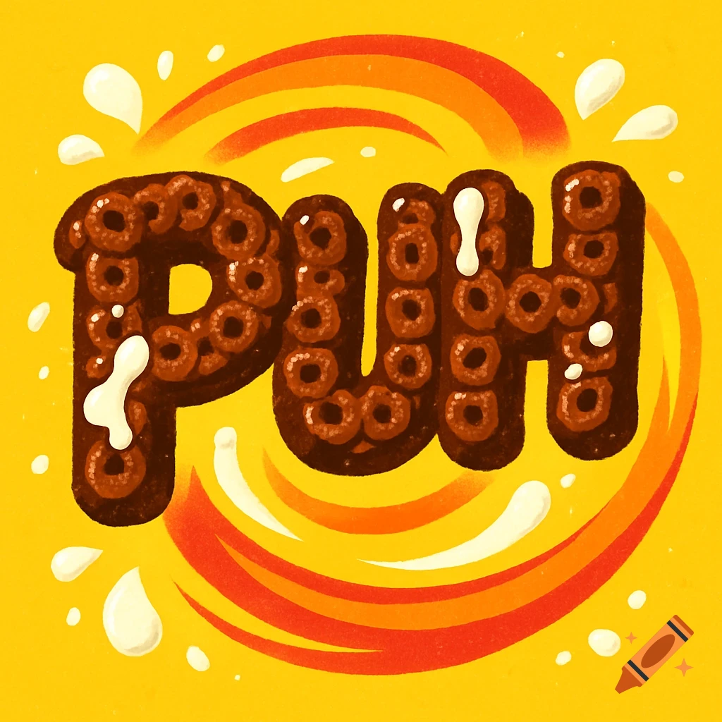 An illustration of the word "PUH" formed by chocolate cereal loops with white milk splashes, set against a yellow background with red and orange swirls.