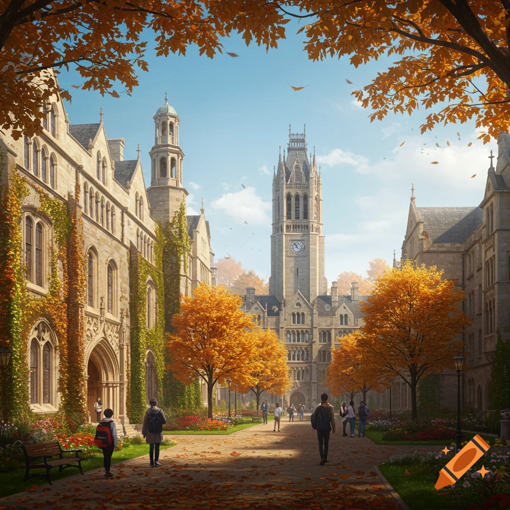 Photorealistic view of students walking on a university campus in autumn, with Gothic architecture and orange trees.