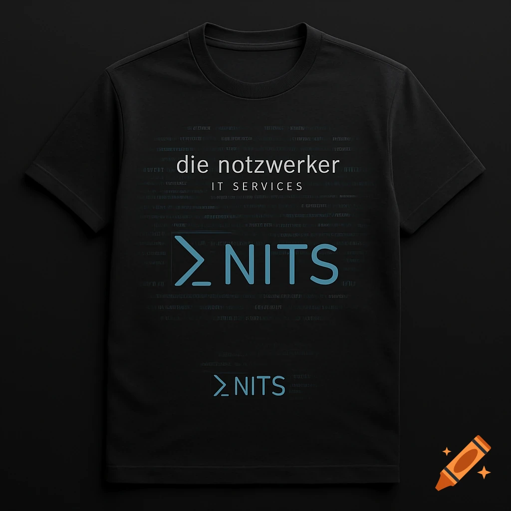 A black t-shirt with 'die netzwerker IT SERVICES' and two instances of '> NITS' in blue and white text, on a dark background.