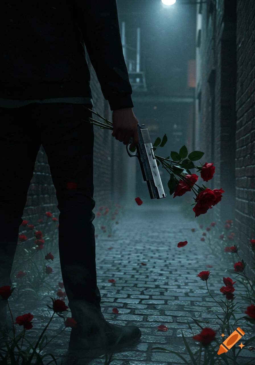 A person in dark clothing stands in a misty cobblestone alley, holding a gun and red roses. Red petals are on the ground.