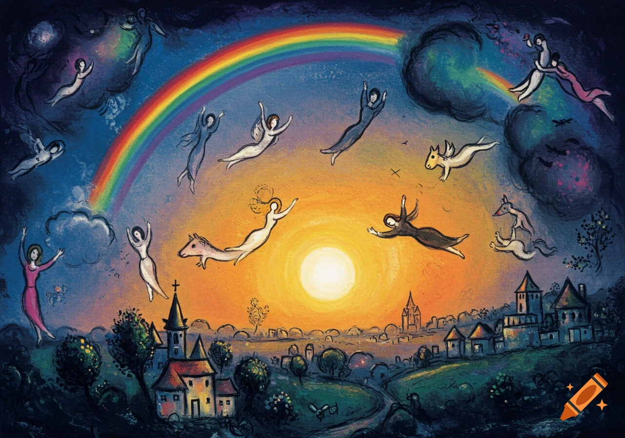 A dreamlike painting in Chagall's style, with ethereal figures and winged creatures flying under a rainbow over a village at sunrise.