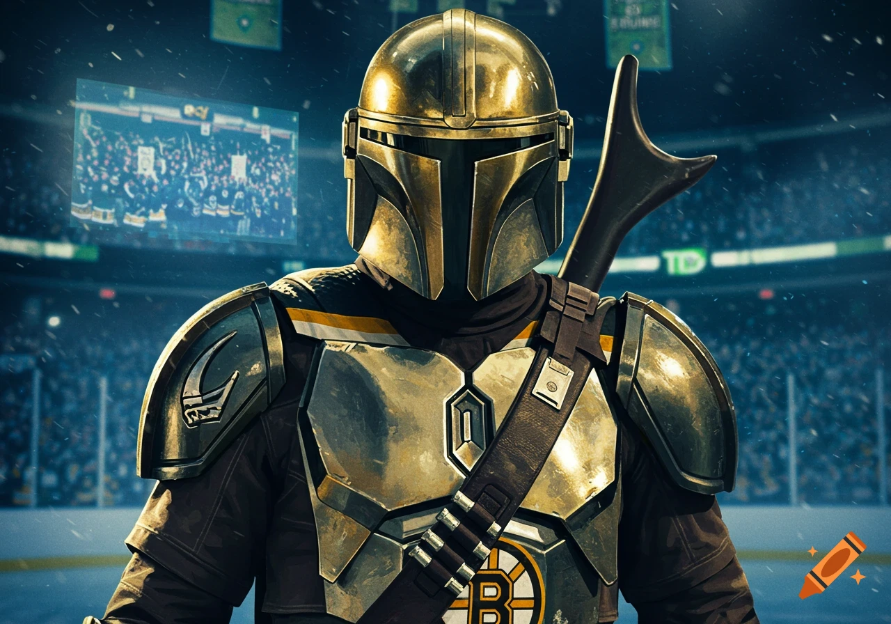A Mandalorian in Boston Bruins-themed armor stands in a hockey arena, with a jumbotron in the background.