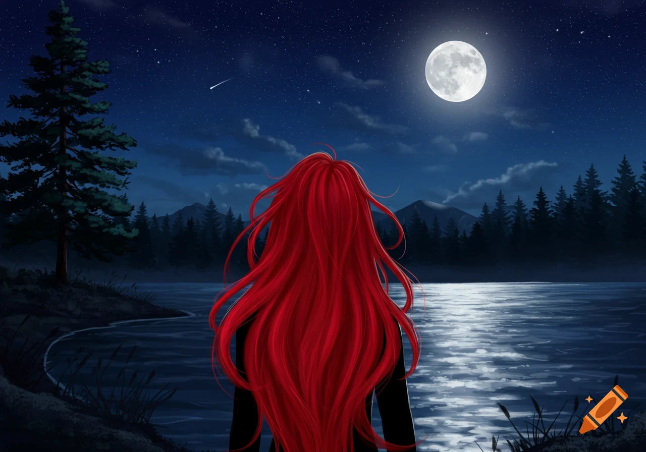 Anime-style illustration of a person with long flowing red hair from behind, gazing at a moonlit lake and starry night sky.