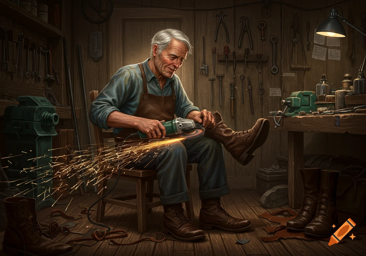 An old craftsman in a rustic workshop sits on a chair, using an angle grinder on a brown boot, sending sparks flying. Tools hang on the wall, and other boots sit on the floor.