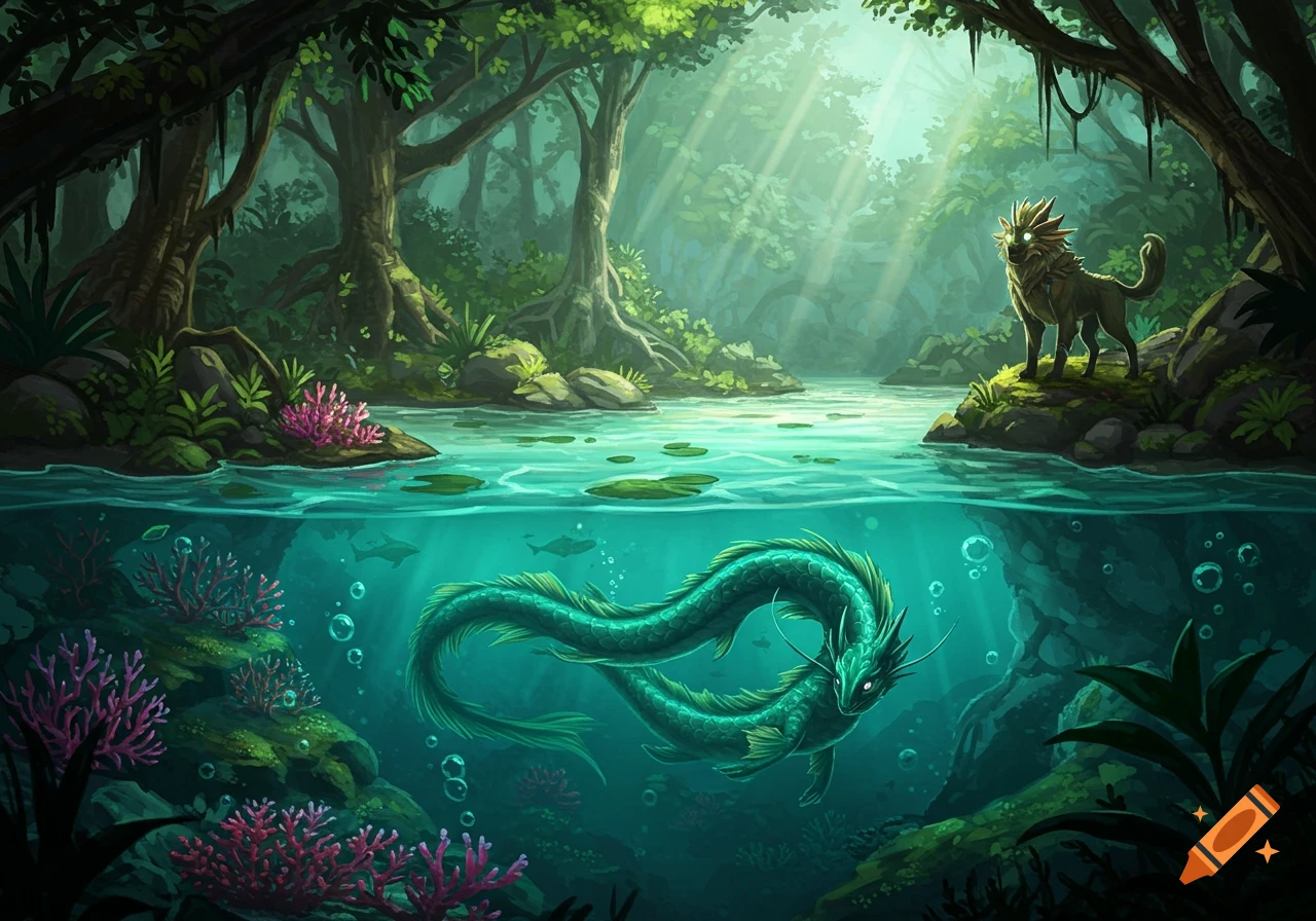 A vibrant fantasy illustration of a long green serpent swimming underwater in a clear river, with a lion-like creature on the bank of a lush forest above.