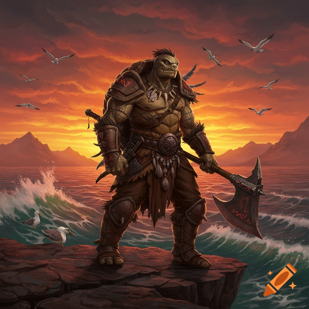A muscular tortle barbarian in armor, wielding a large axe, stands on a rocky cliff overlooking a wavy sea at sunset. Seagulls fly in the orange sky.