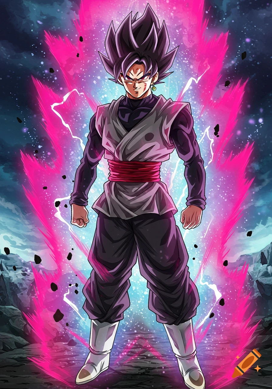Goku Black with black spiky hair and a scar, wearing a grey gi and red sash, surrounded by a bright pink energy aura.