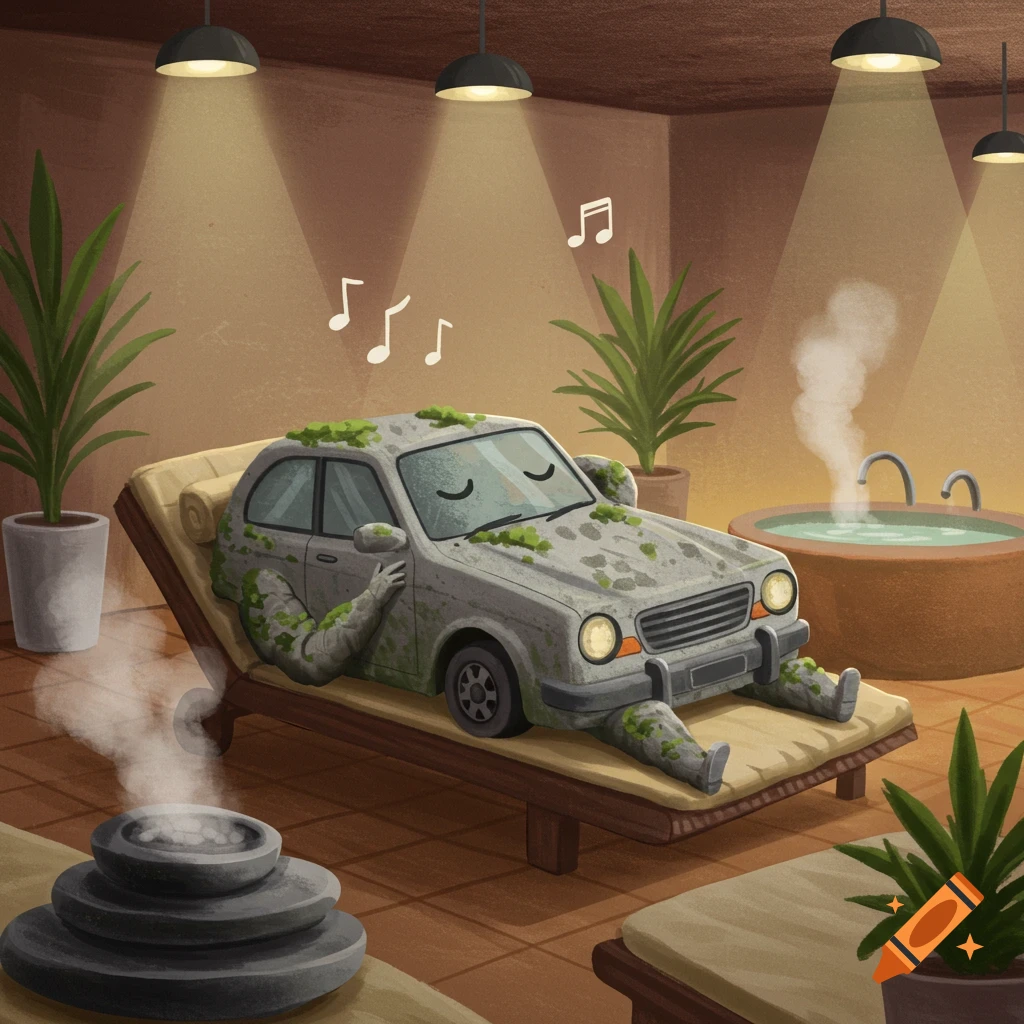 Whimsical illustration of a moss-covered car with closed eyes and limbs relaxing on a spa lounge chair, surrounded by plants and steam.
