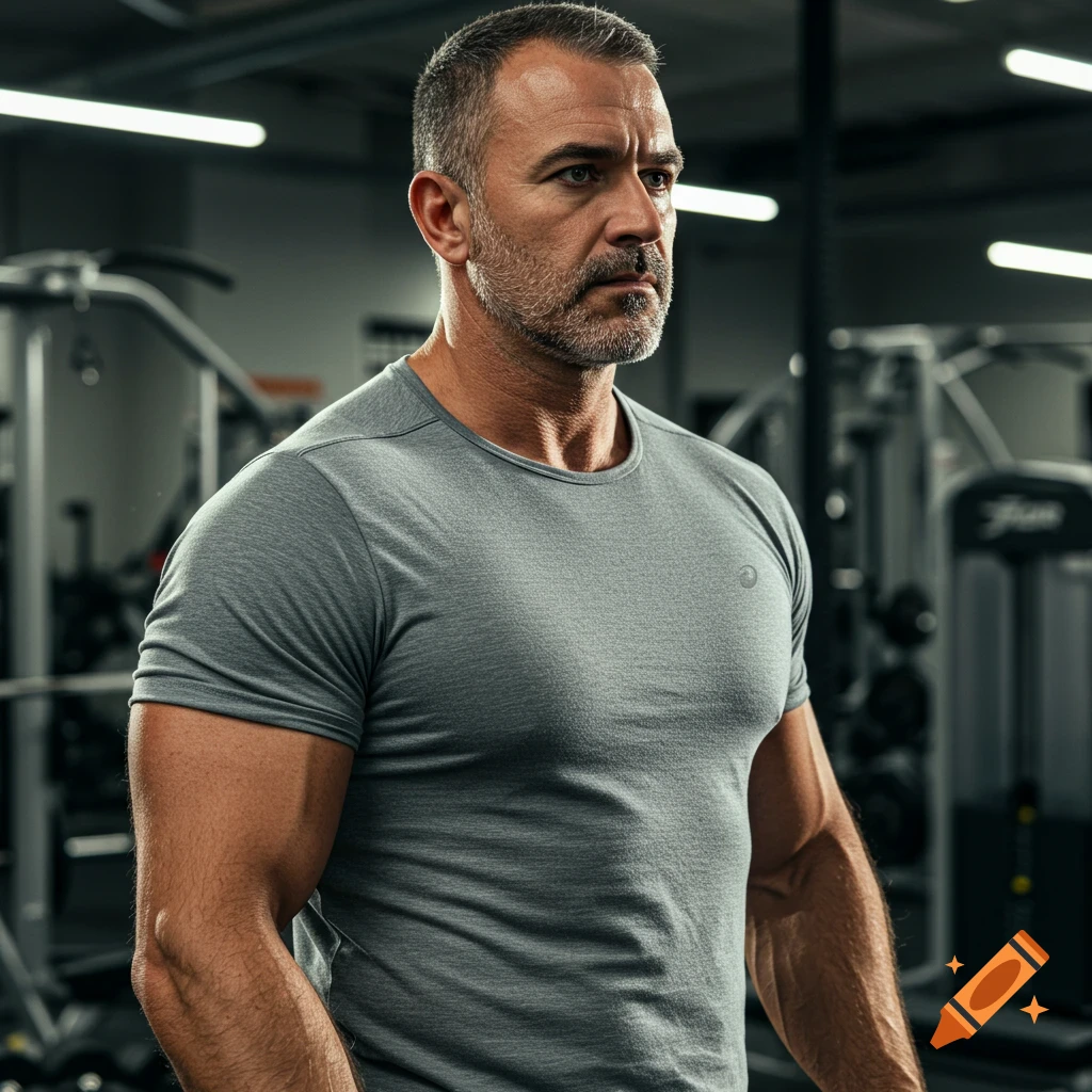 A muscular man with a stubble beard in a grey t-shirt stands in a gym, looking serious. Photorealistic style.