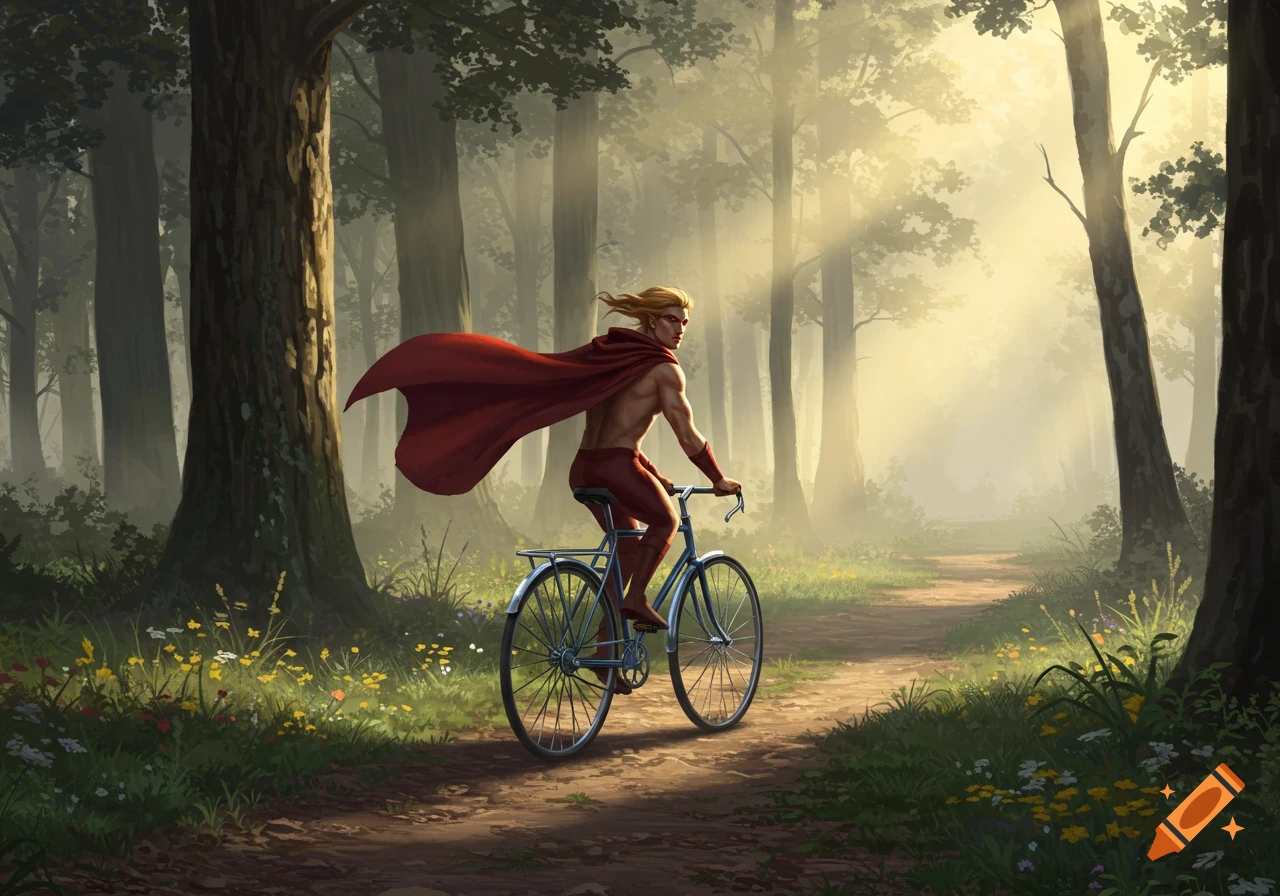 Muscular man in red cape rides bicycle on a sunlit forest path, fantasy illustration.