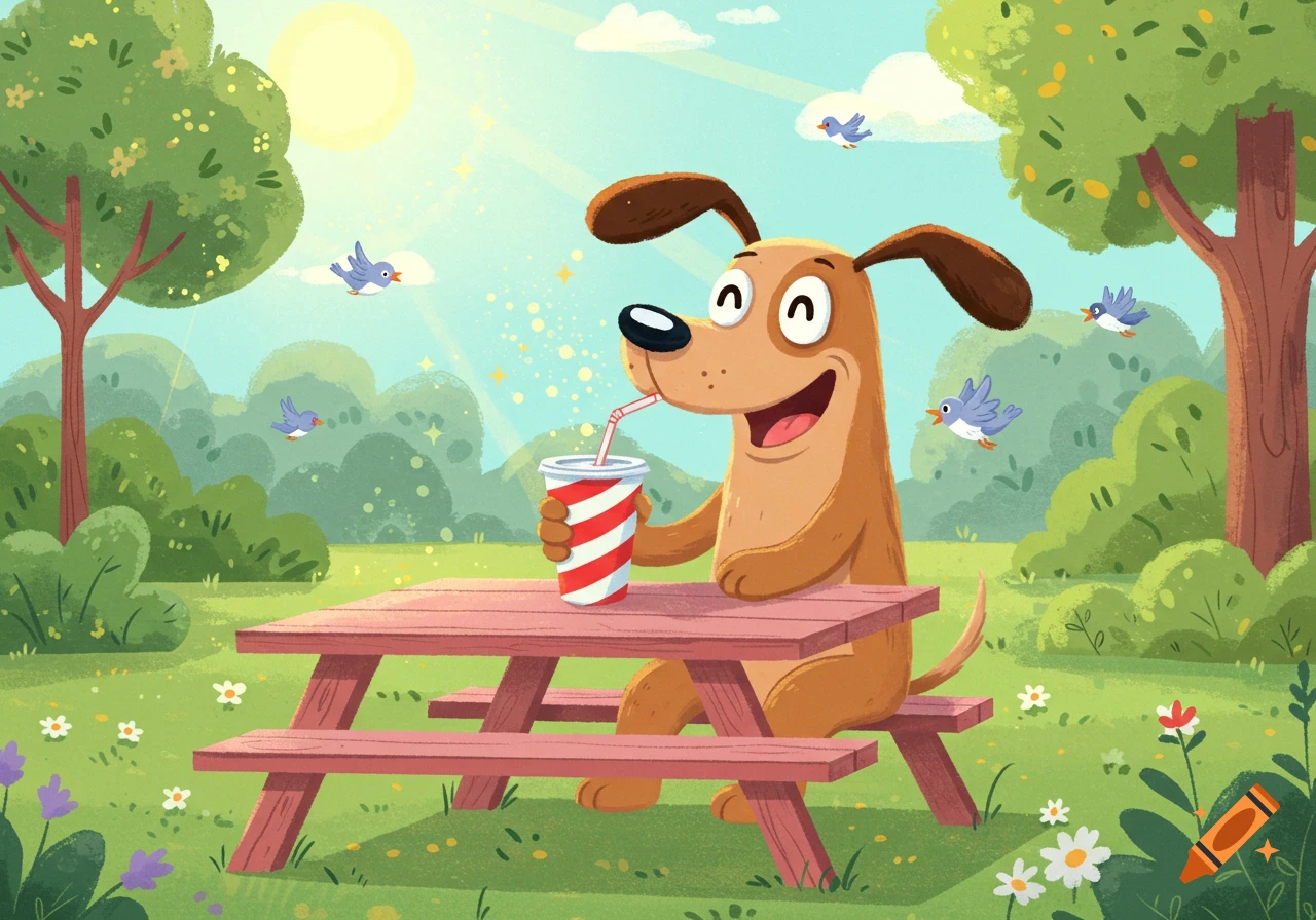 A happy cartoon dog sits at a picnic table in a sunny park, drinking from a red and white striped cup with a straw. Birds fly in the background.