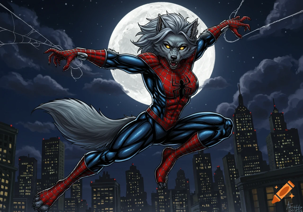 A female werewolf in a Spider-Man suit jumps over a city skyline at night with a full moon in a comic art style.