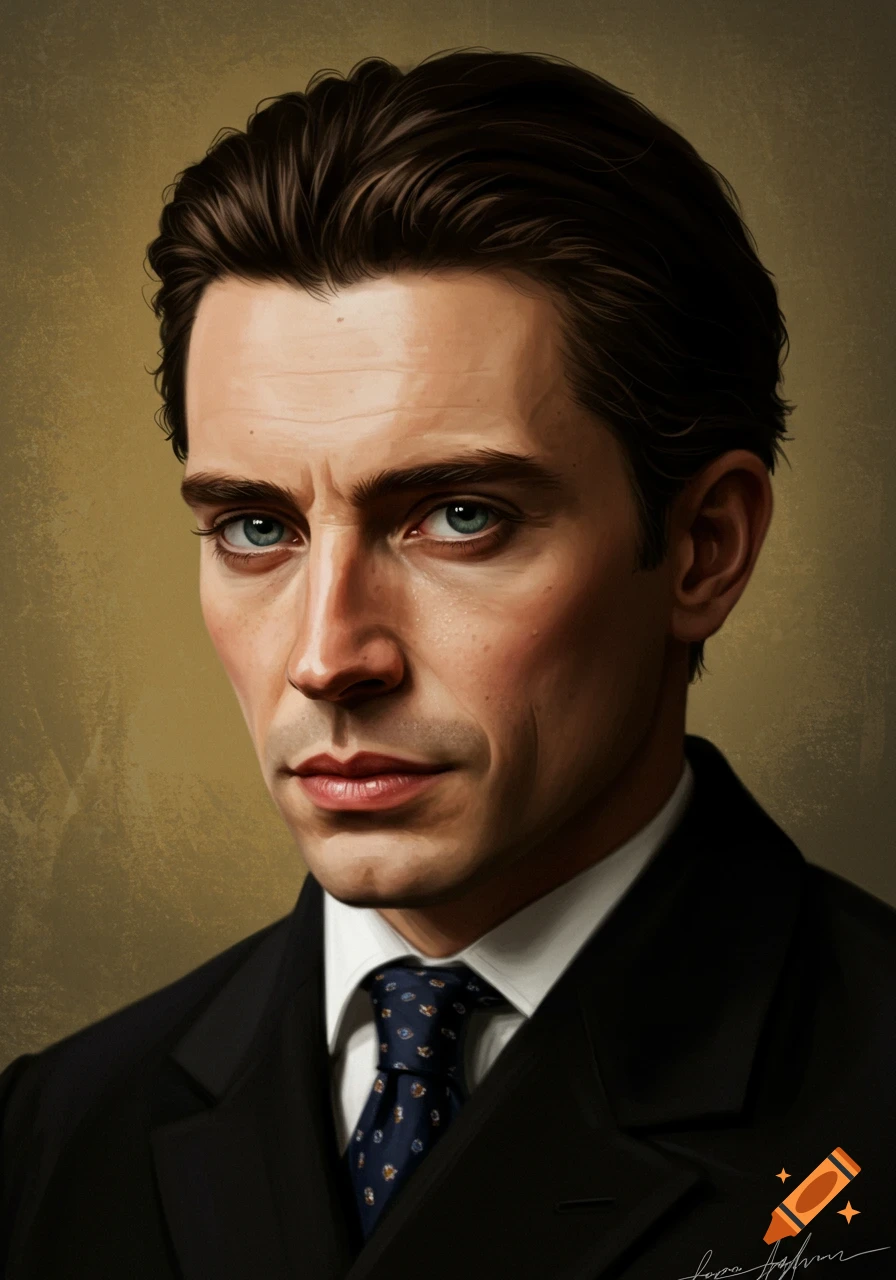 Realistic digital portrait of a man with blue eyes and dark hair, wearing a suit and patterned tie, against a textured brown background.