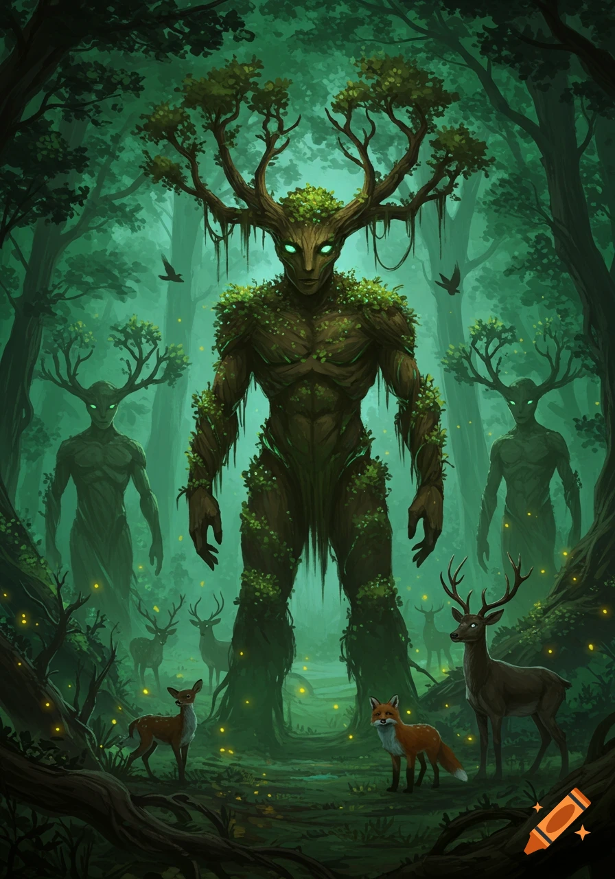 Large tree-like guardians with glowing eyes stand in a dark, mystical forest with deer and a fox.