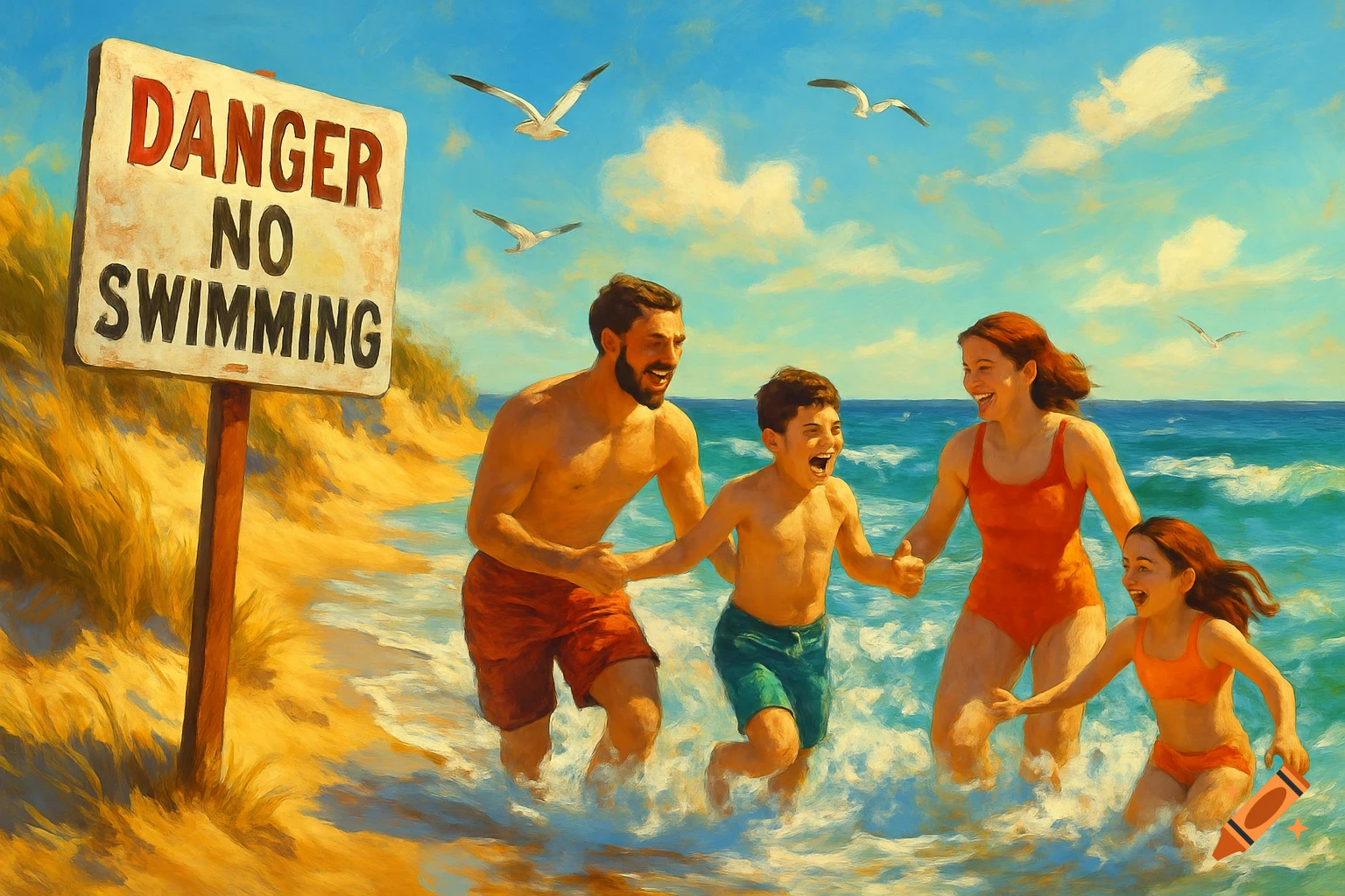 Impressionistic painting of a family playing in the ocean at a beach with a 'DANGER NO SWIMMING' sign.