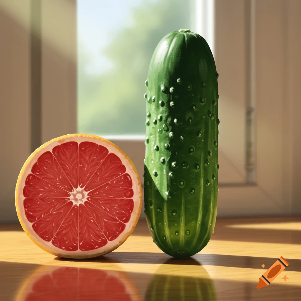 A halved red grapefruit stands upright next to a green cucumber on a wooden surface with sunlight from a window.