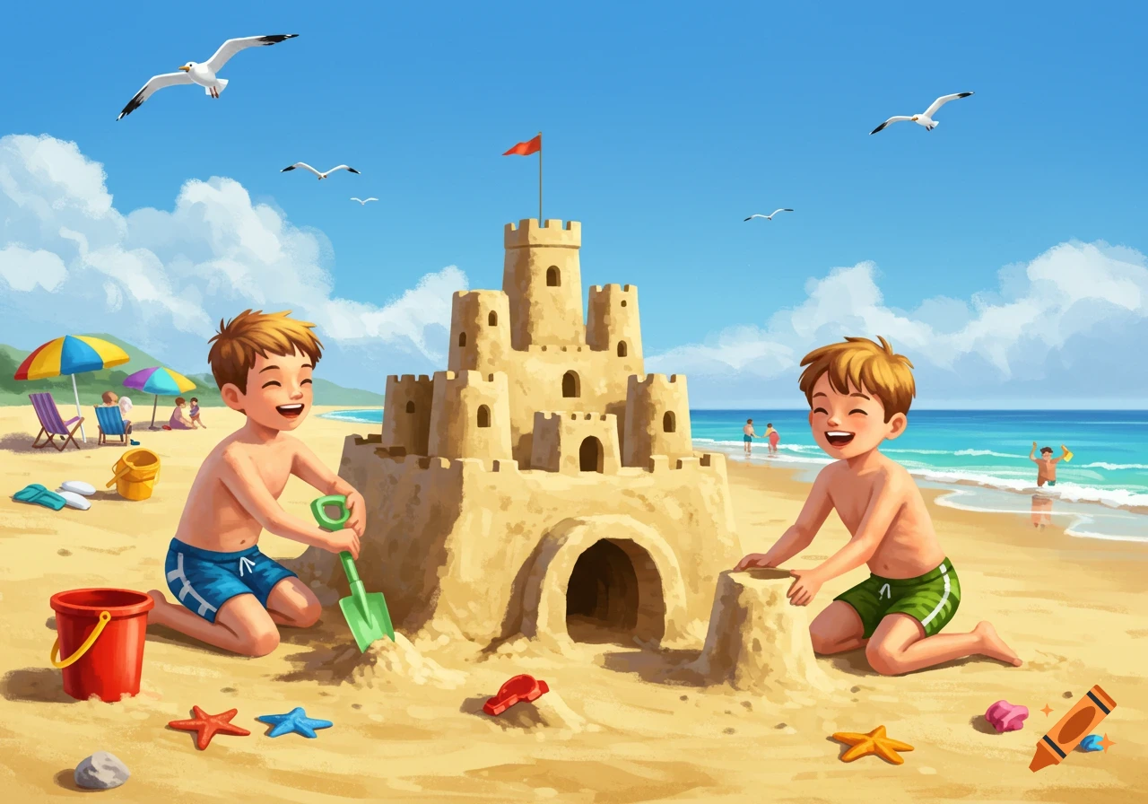 Two happy cartoon boys build a big sandcastle on a sunny beach. Seagulls fly, and other beachgoers relax in the background.