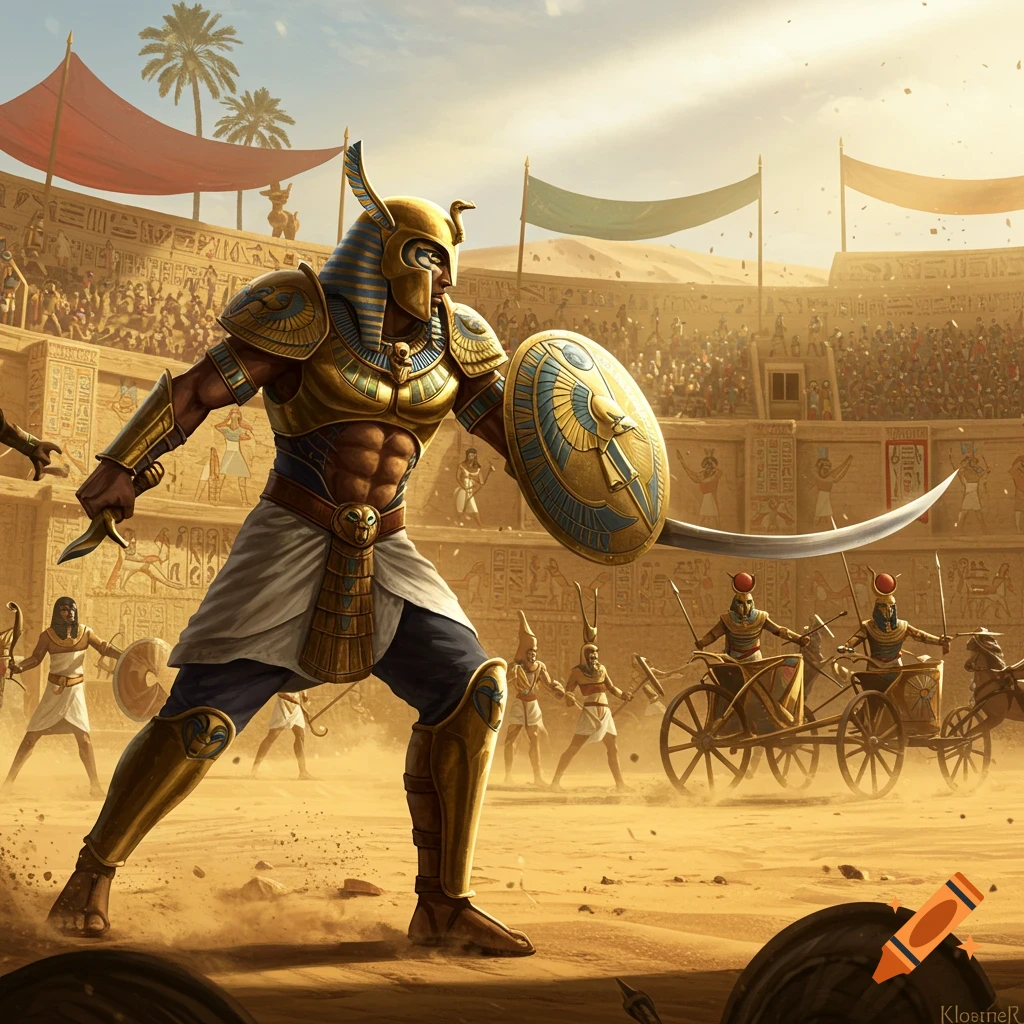 An ancient Egyptian warrior in golden armor with a sword and shield stands in a sandy arena with spectators and chariots in the background.