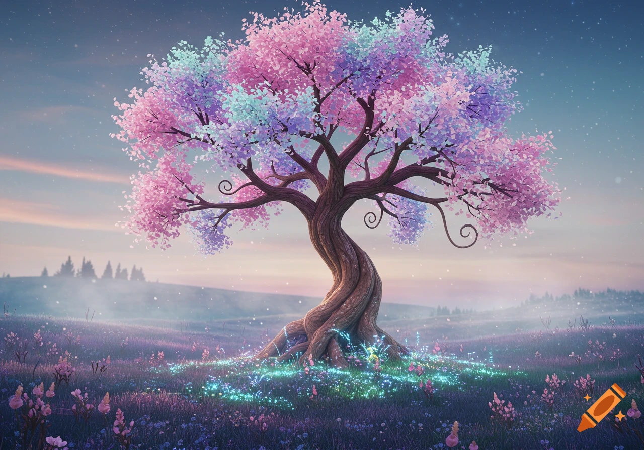 A vibrant fantasy tree with pink, purple, and blue leaves, glowing roots, in a magical field under a twilight sky.