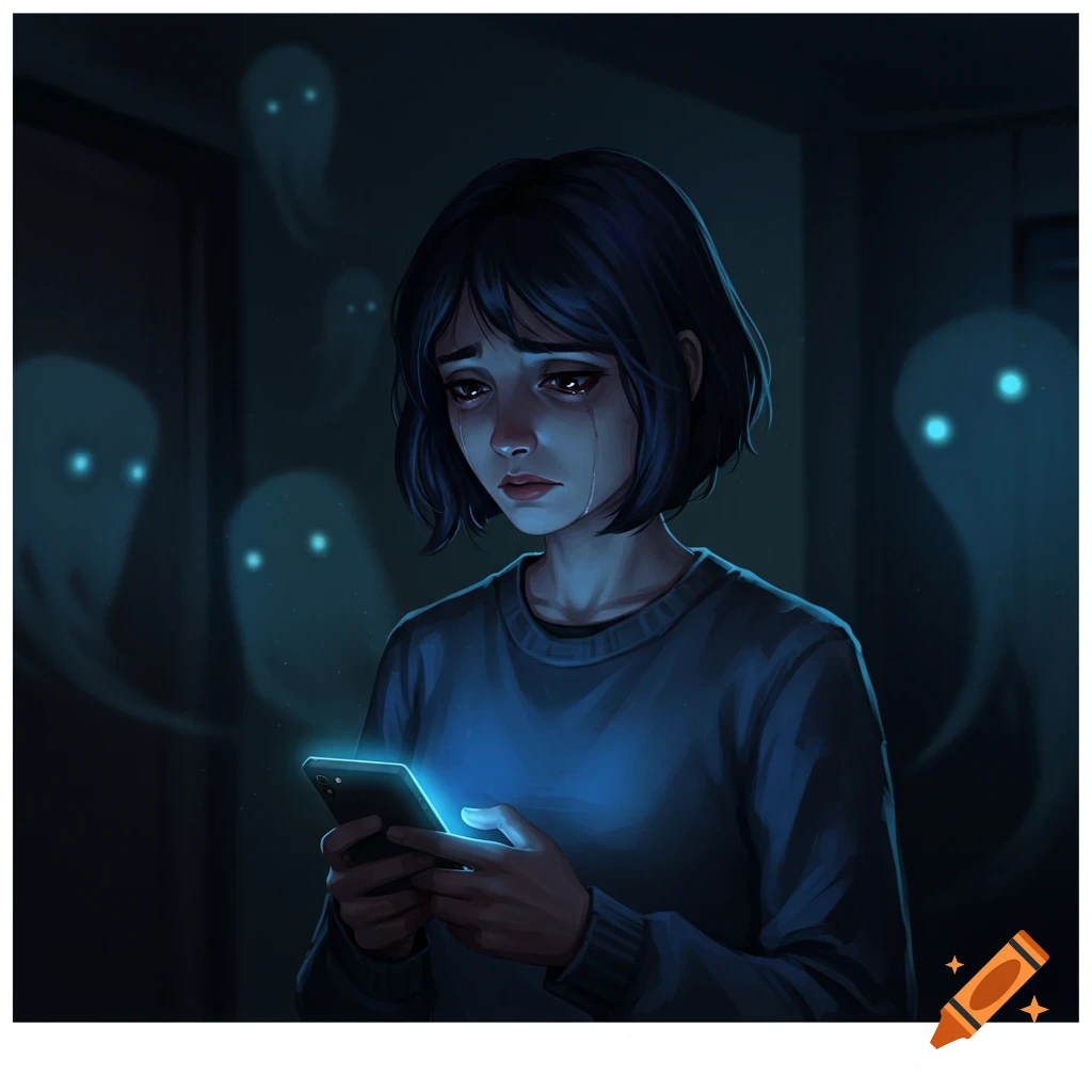 A crying girl looks sadly at her glowing phone in a dark room, surrounded by luminous ghost figures, digital painting.