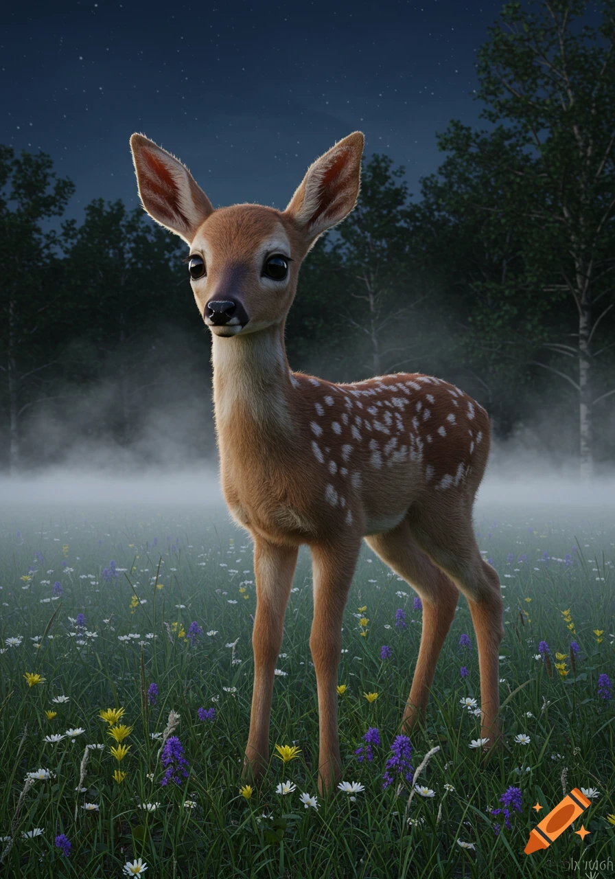 A cute fawn with large eyes stands in a misty field of wildflowers and grass under a starry night sky, with a dark forest in the background.