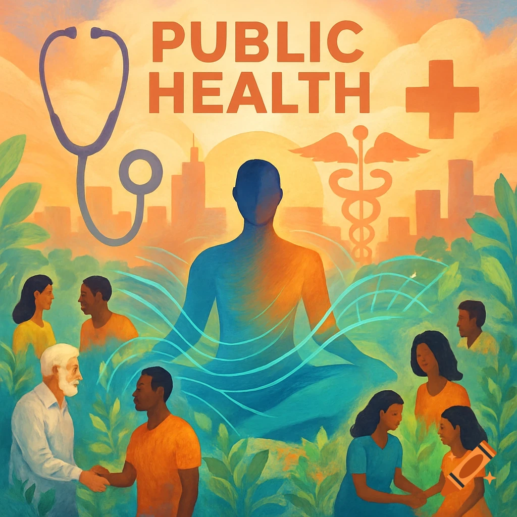 An illustration with 'PUBLIC HEALTH' text, featuring a meditating figure, diverse people, medical symbols, and a city skyline amidst lush greenery.