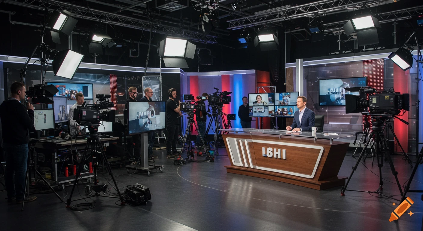 Photorealistic view of a busy television broadcast studio set with a newscaster at a desk, surrounded by cameras, lighting, and crew.